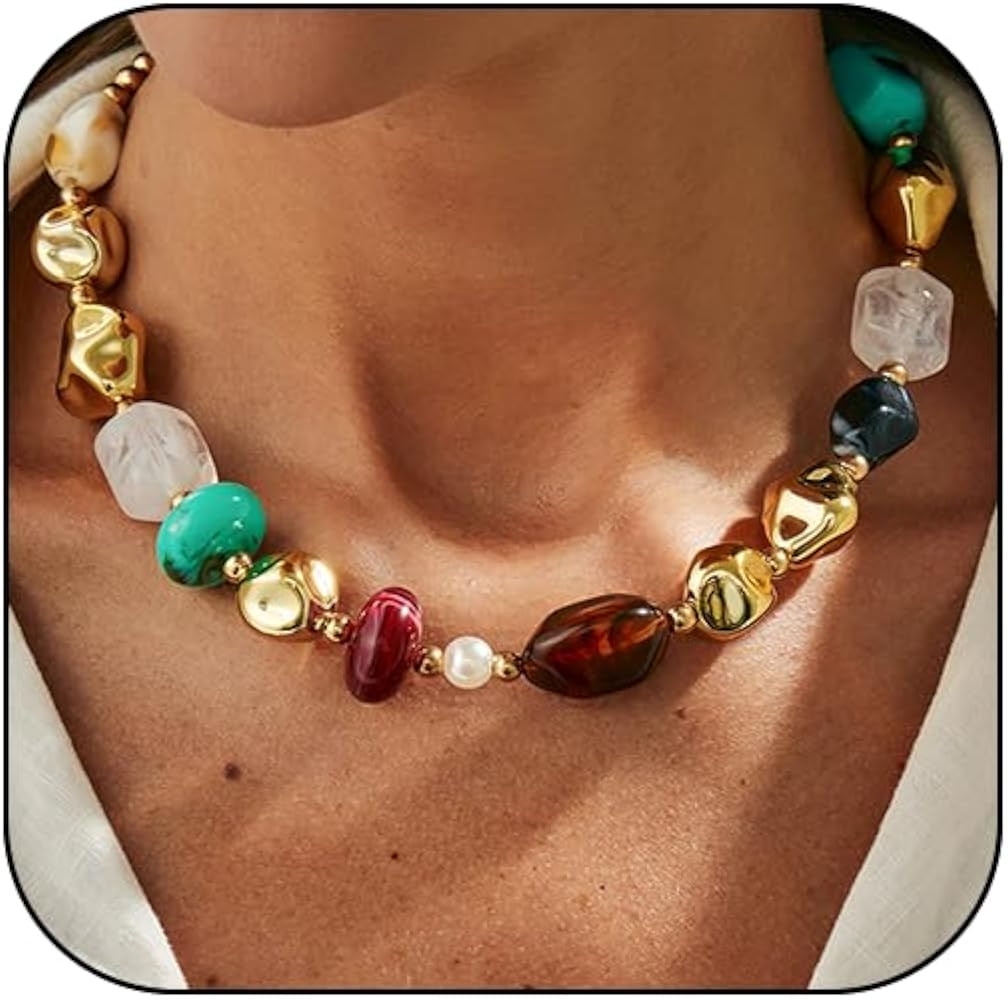 Chunky Acrylic Beaded Necklace for Women Colorful Acrylic Resin Beaded Choker Big Round Beads Sta... | Amazon (US)