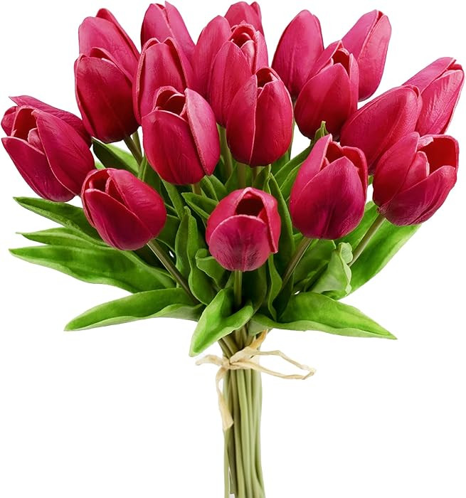 Mandy's Artificial Tulips 20 Stems Hot Pink PU Faux Flowers for Valentine's Day and New Year Deco... | Amazon (US)
