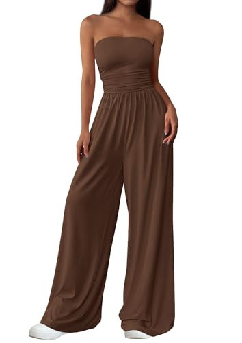 PRETTYGARDEN Womens Trendy Strapless Rompers 2026 Ruched Tube Top Wide Leg One Piece Jumpsuits Beach Vacation Summer Outfits (Brown,Large) | Amazon (US)