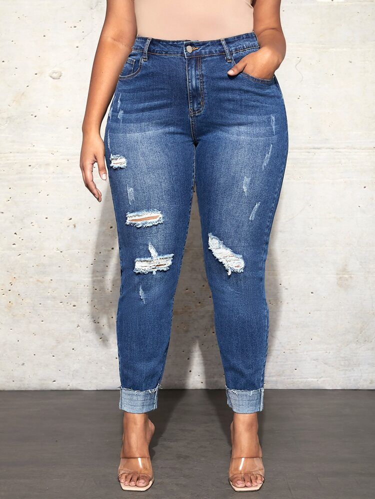 New
     
      Plus High Waist Ripped Raw Cut Skinny Jeans | SHEIN