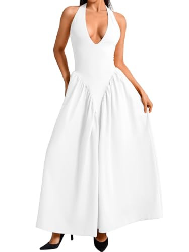 ChiaoLezhee Deep V Neck Dress, Halter Maxi Dresses, Vacation Date Night, Sexy for Women Corset Flowy Wedding Guest Drop Waist Bridesmaid Bride Bridal, White, Large | Amazon (US)