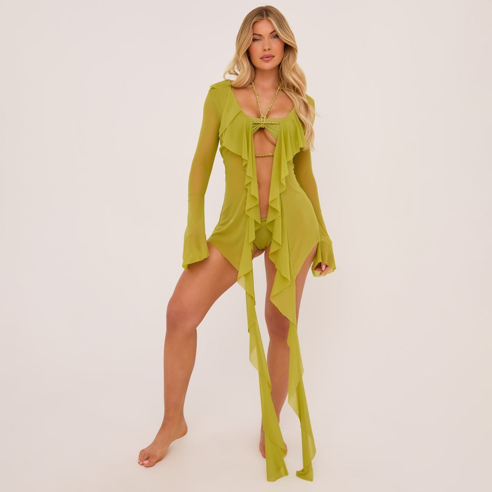 Long Sleeve Chain Detail Frill Beach Cover Up In Lime Green Mesh | EGO (UK)