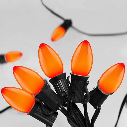 SUNSGNE C7 LED Orange String Lights Outdoor, 25FT Halloween String Lights with 27 LED Orange Lights(2 Spare) for Patio Garden Roofline Backyard Halloween Decorations, Black Wire | Amazon (US)