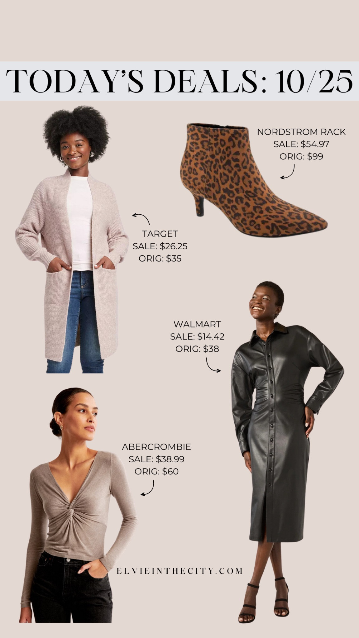 Today’s deals include a cardigan sweater from Amazon, leopard print boots from Nordstrom Rack, a twist front sweater from Abercrombie, and a faux leather dress from Walmart.

Deal of the day, fall outfit idea, fall dress, fall sweater, fall boots, fashion over 40

#LTKSaleAlert #LTKFindsUnder50 #LTKOver40