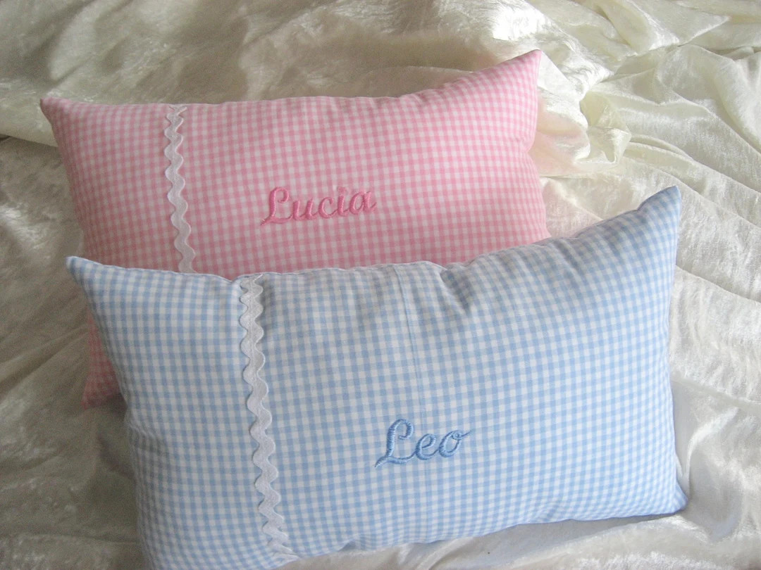 Small Cuddly Pillow Vichykaro Pink or Light Blue, Personalized, Name Pillow, Embroidered Pillow, ... | Etsy (US)