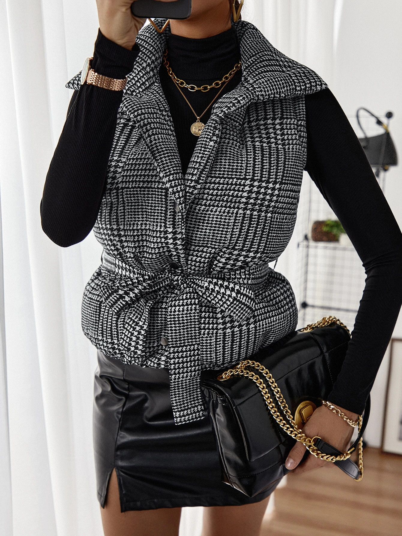 Houndstooth Belted Vest Puffer Coat | SHEIN
