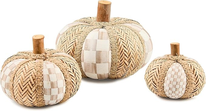 MACKENZIE-CHILDS Set of 3 Rattan Pumpkins, Halloween and Fall Pumpkin Decor, Brown-and-White Moch... | Amazon (US)