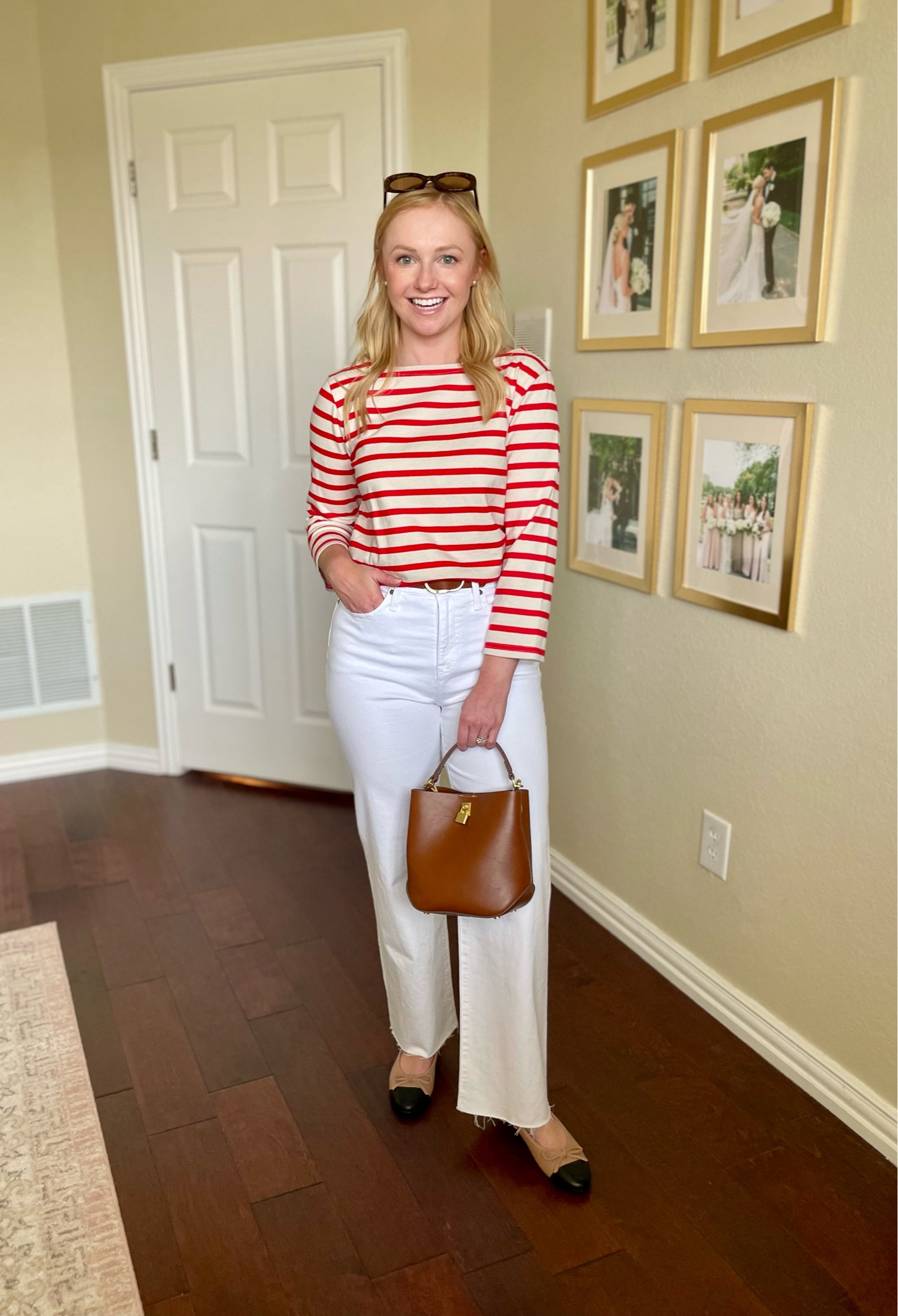 Casual spring outfit | white jeans, wide leg jeans, cap toe shoes, ballet flats, boat neck tee, red and white tee, striped tee, petite jeans, casual outfit, spring outfit 

#LTKSpringSale #LTKSeasonal #LTKfindsunder100