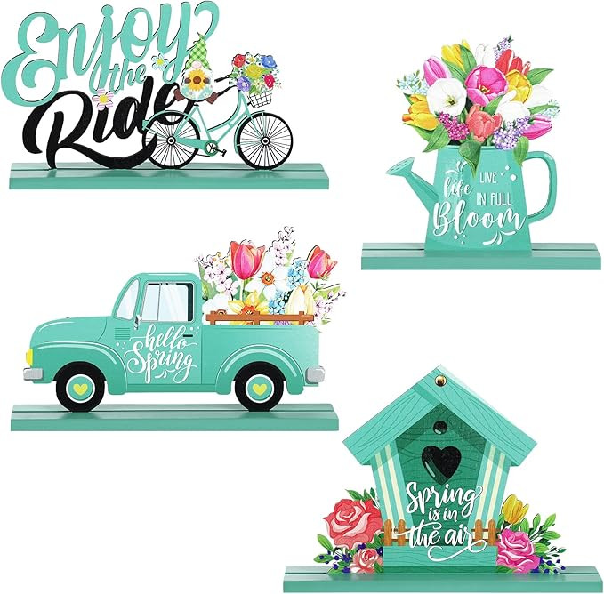Blulu 4 Pcs Hello Spring Table Decorations Spring Easter Table Centerpieces Hello Sunshine Wooden... | Amazon (US)