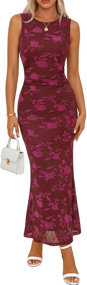MEROKEETY Women's Summer Wedding Guest Maxi Dress 2026 Sleeveless Floral Bodycon Mesh Cocktail Fo... | Amazon (US)