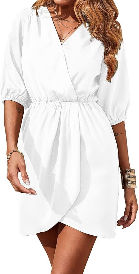 BTFBM Women's Wrap V Neck Casual Summer Dresses Short Sleeve High Waist Front Split Solid Color Beac | Amazon (US)