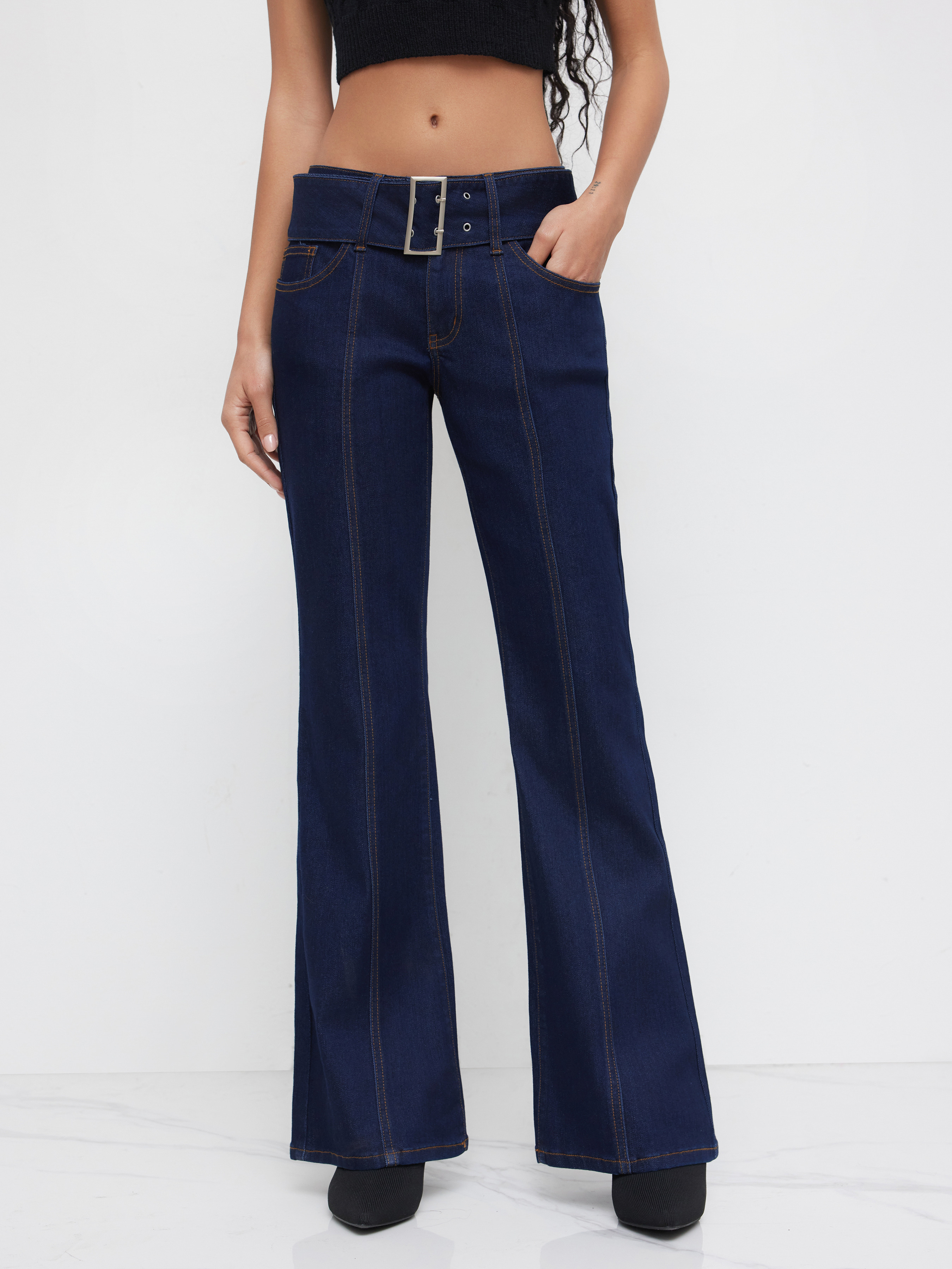 Denim Denim High Stretch Low Rise Flared Jeans With Belt For Daily Casual | Cider