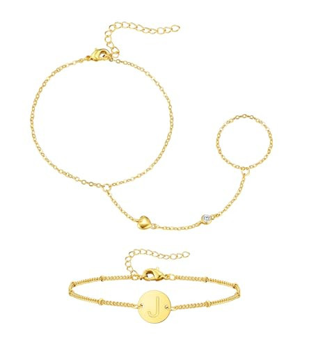 doubgood Gold Bracelets for Women, Hand Chain Ring Bracelet Stack with Initial J Letter Charm 18K Gold Plated Stretch Hand Jewelry Gifts for Women | Amazon (US)