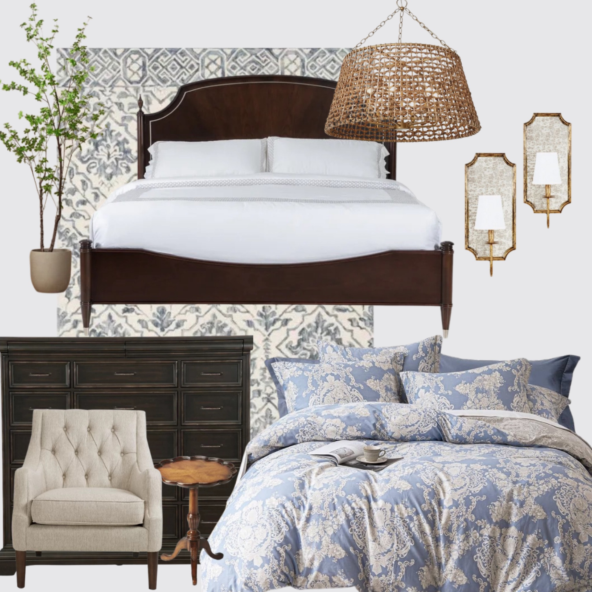 Soft blues and creams paired with rich dark wood is such a calming and lovely space. 

Bedding, bedroom furniture, basket light, cream chair, wall sconces. 