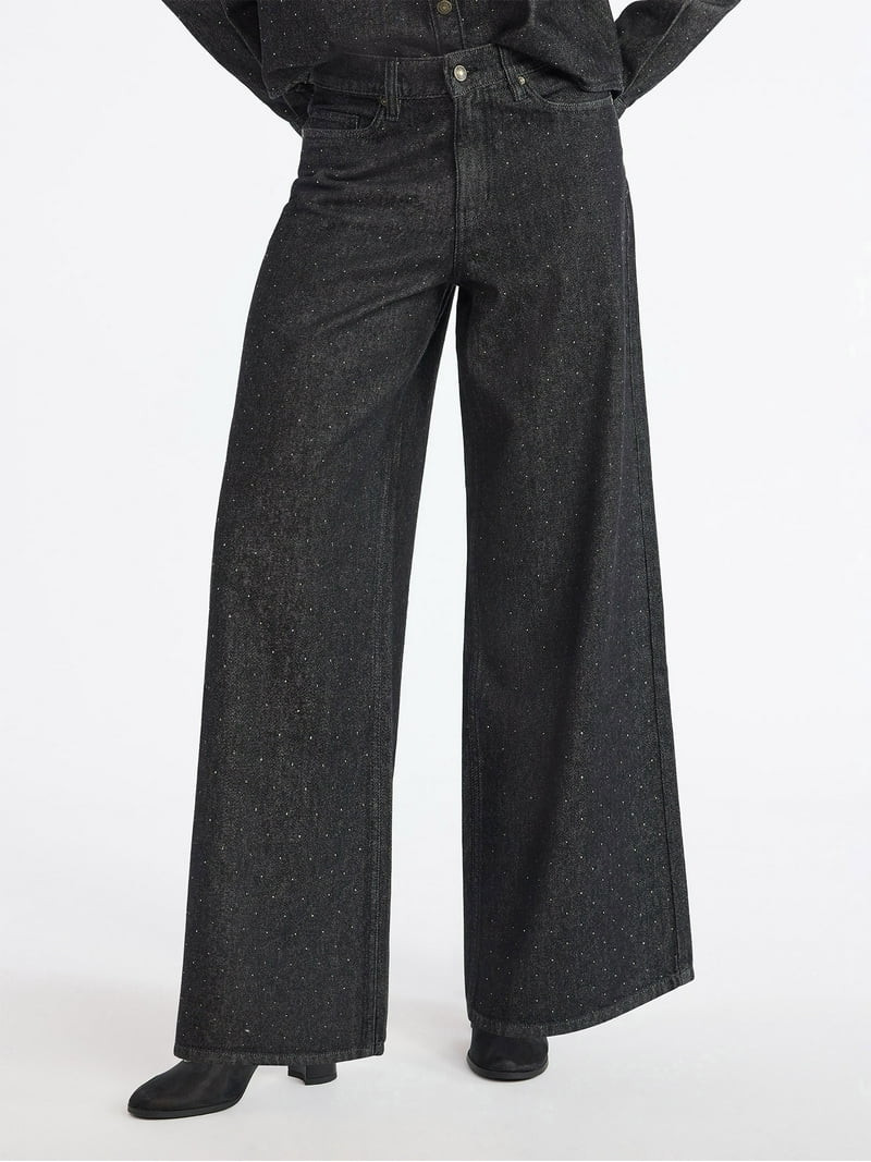 Scoop Women’s and Women’s Plus Rhinestone Embellished Wide Leg Jeans, Sizes 0-26W | Walmart (US)