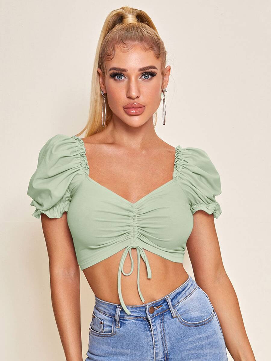 SHEIN Frill Trim Puff Sleeve Drawstring Crop Top | SHEIN