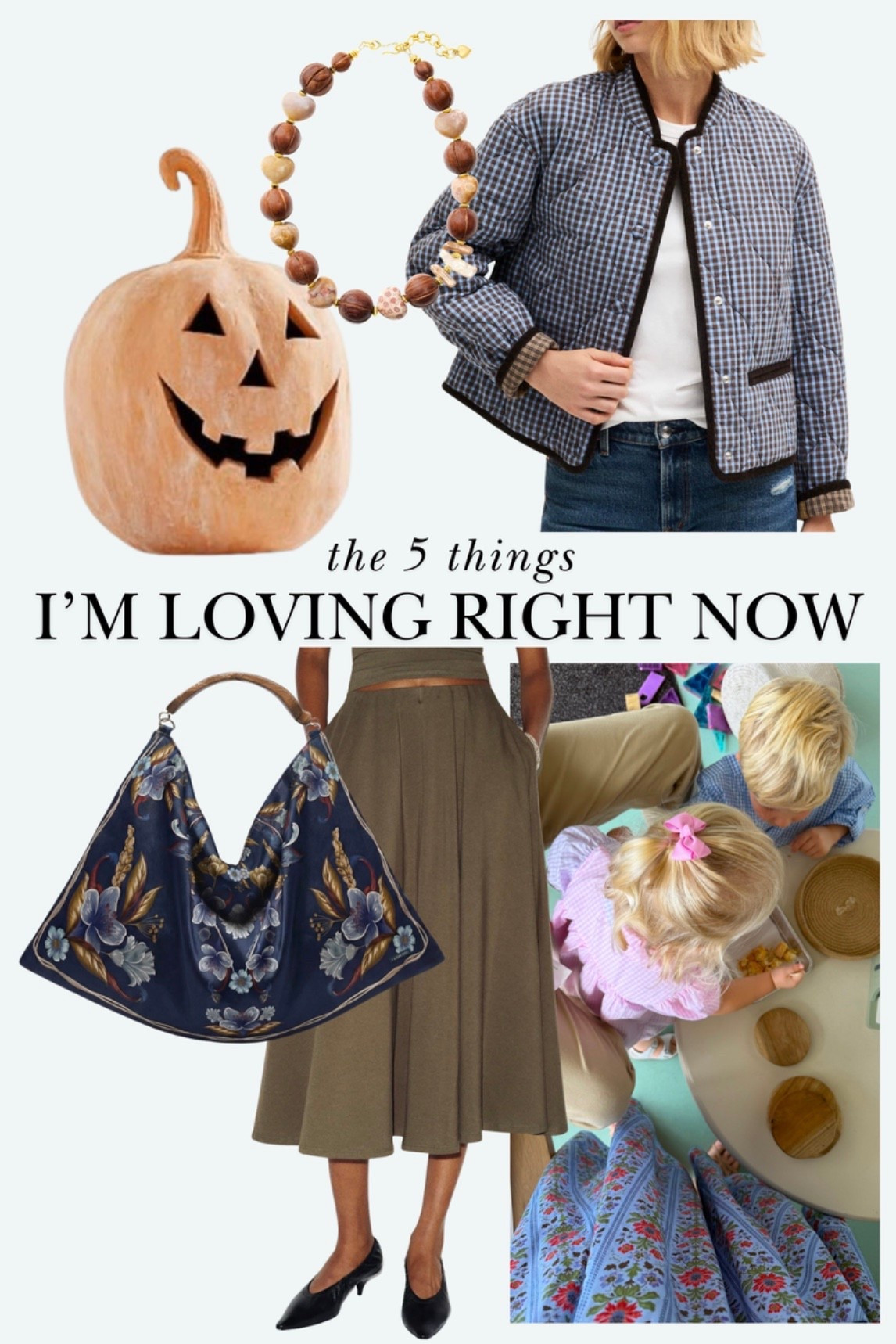 terracotta pumpkin, beaded necklace, quilted jacket, scarf bag, brown skirt for fall 🍂 @Pottery Barn @Madewell @Reformation