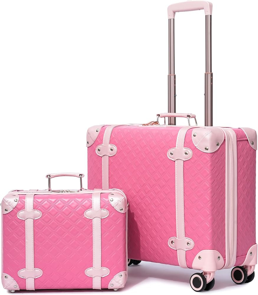 Vintage Carry On Luggage Set with Wheels for Women, Retro Trunk Style PU Leather Suitcase with Ma... | Amazon (US)