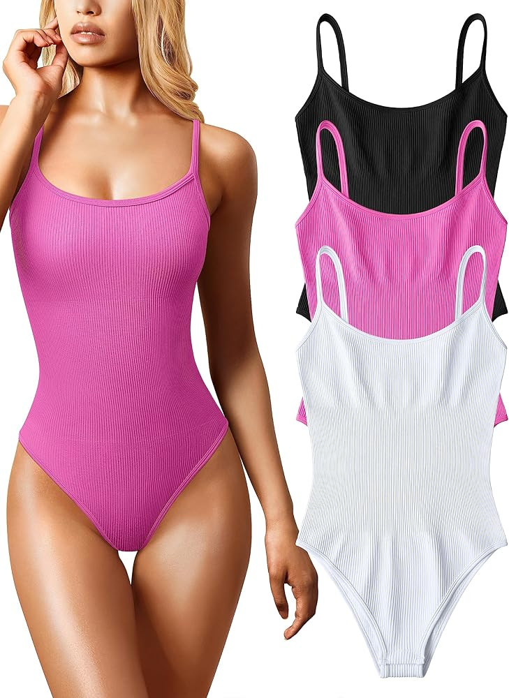 OQQ Women's 3 Piece Bodysuits Sexy Ribbed Sleeveless Adjustable Spaghetti Strip Tops Shapewear Bo... | Amazon (US)