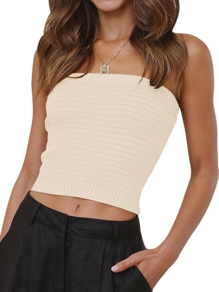 BZB Women Tube Crop Tops Summer Strapless Cute Ribbed Bandeau Tank Tops | Amazon (US)