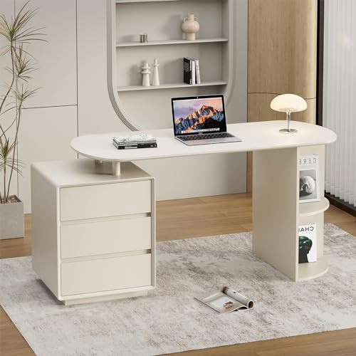 Qulomvs Computer Desk, 55inch Home Office Desk with Drawers and Storage Shelves, Cream White Desk... | Amazon (US)
