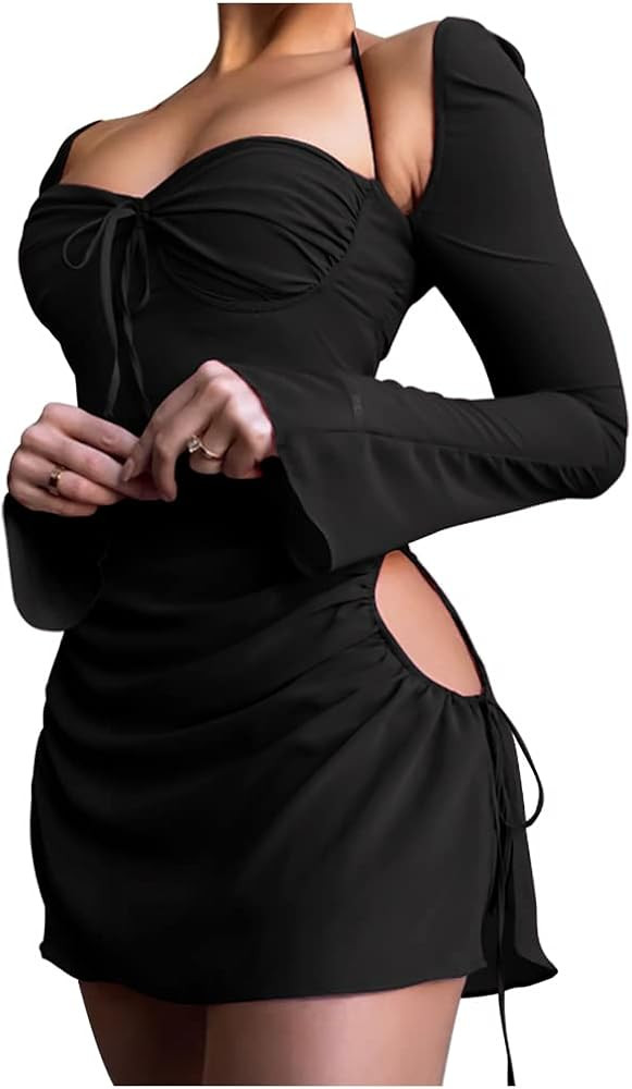 XLLAIS Women's Long Puff Sleeve Mini Bodycon Mesh Dress Flattering Split Hem Party Clubwear | Amazon (US)