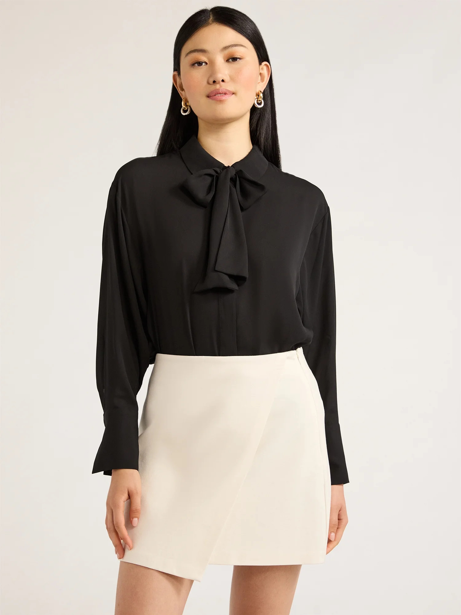 Scoop Women's Tie Neck Shirt with Long Sleeves, Sizes XS-XXL | Walmart (US)