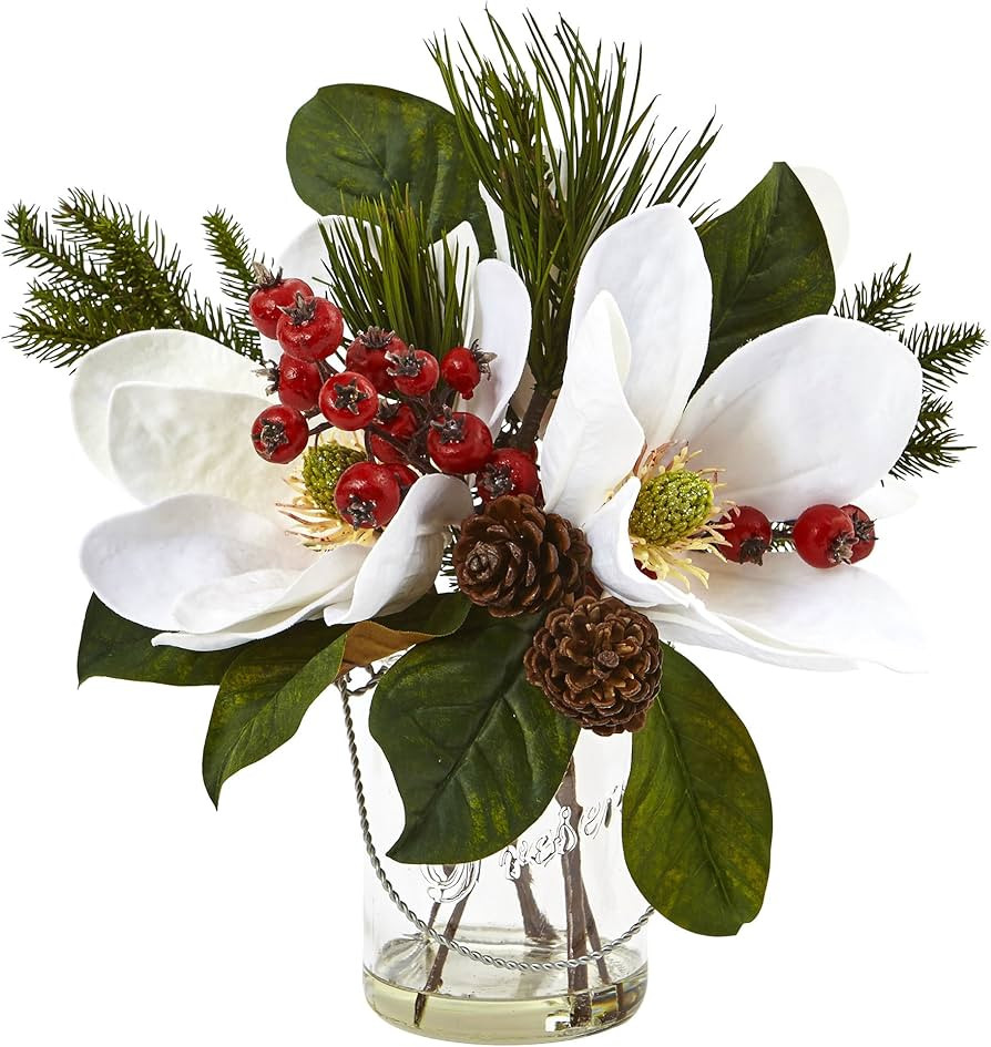 Nearly Natural Magnolia, Pine, and Berry Holiday Arrangement in Glass Vase | Amazon (US)