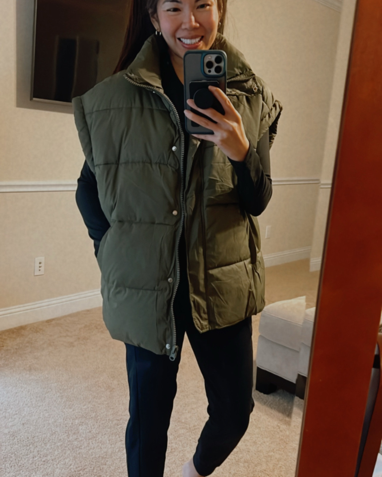 oversized vest: size large 
fleece lined shirt: small 
fleece lined joggers: x-small 