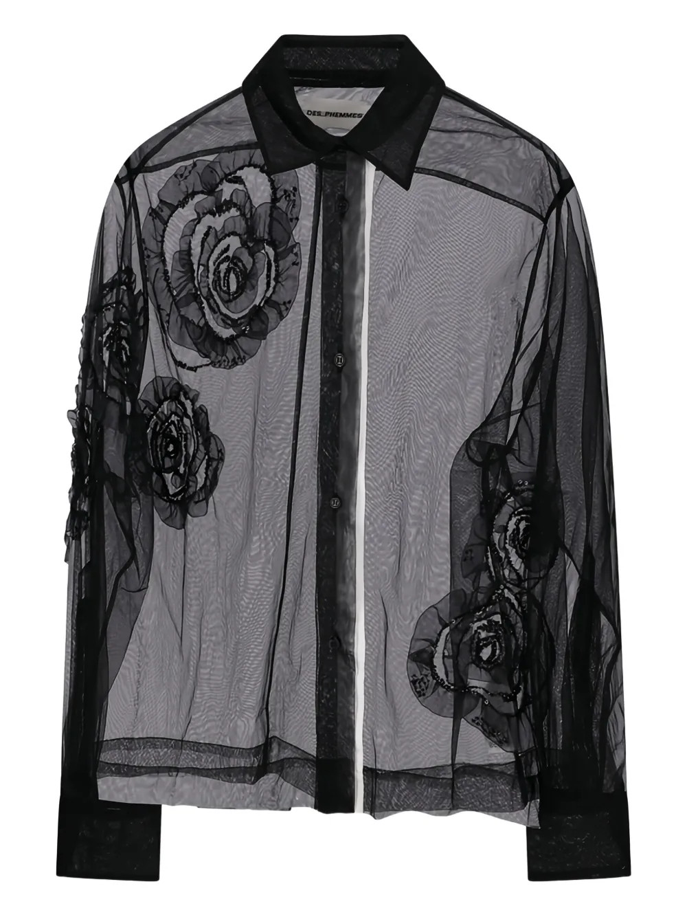 DES PHEMMES rose-embellished Tulle Shirt | Black | FARFETCH UK | Farfetch Global