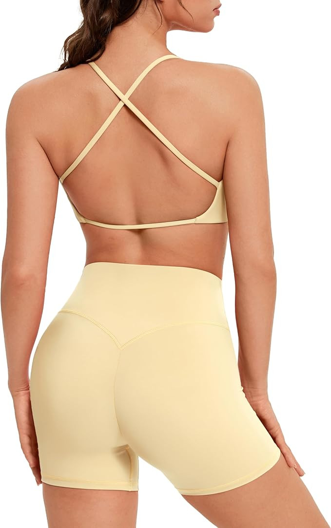 OMKAGI Workout Sets for Women Open Back Strappy Sports Bra Booty Biker Shorts Gym Outfits | Amazon (US)