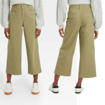 Women's High Rise Cropped Wide Leg Pants A New Day Olive Green (Size 2) | eBay US