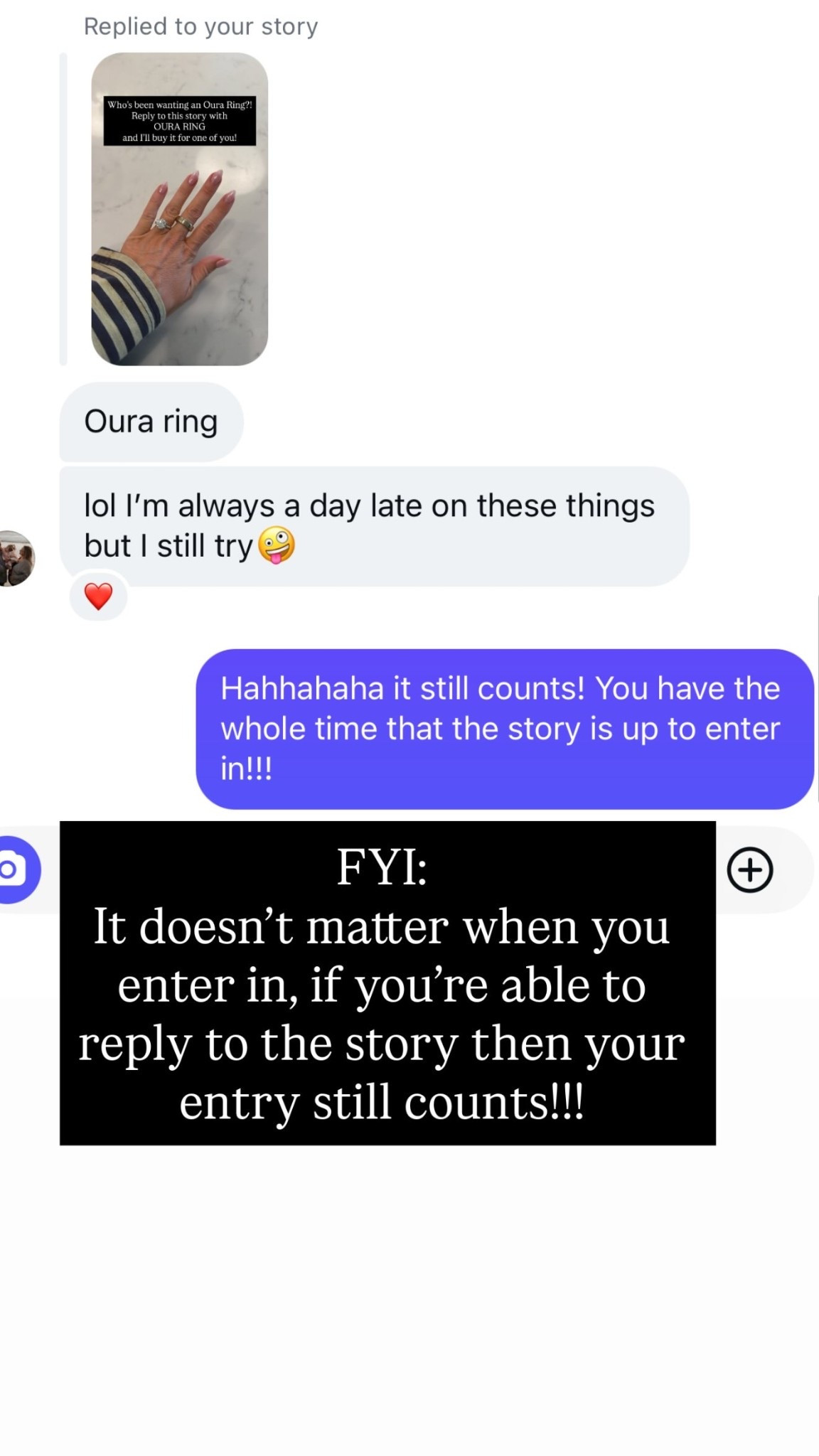 FYI:
It doesn’t matter when you enter in, if you’re able to reply to the story then your entry still counts!!!