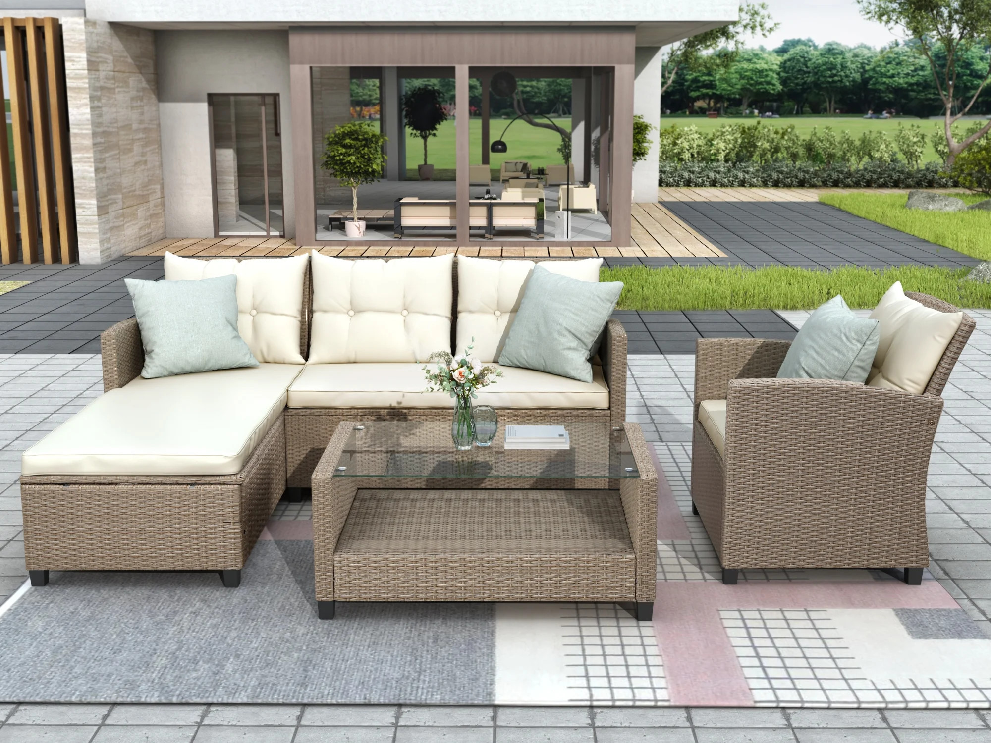 Rattan Patio Sofa Set, 4 Pieces Outdoor Sectional Furniture Set, All-Weather PE Rattan Wicker Pat... | Walmart (US)