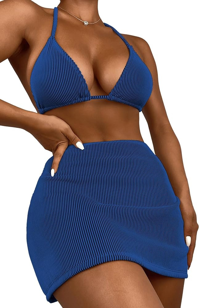 Women's 3 Piece Zebra Striped Bikini Swimsuit Set & Beach Skirt Set Bathing Suit | Amazon (US)