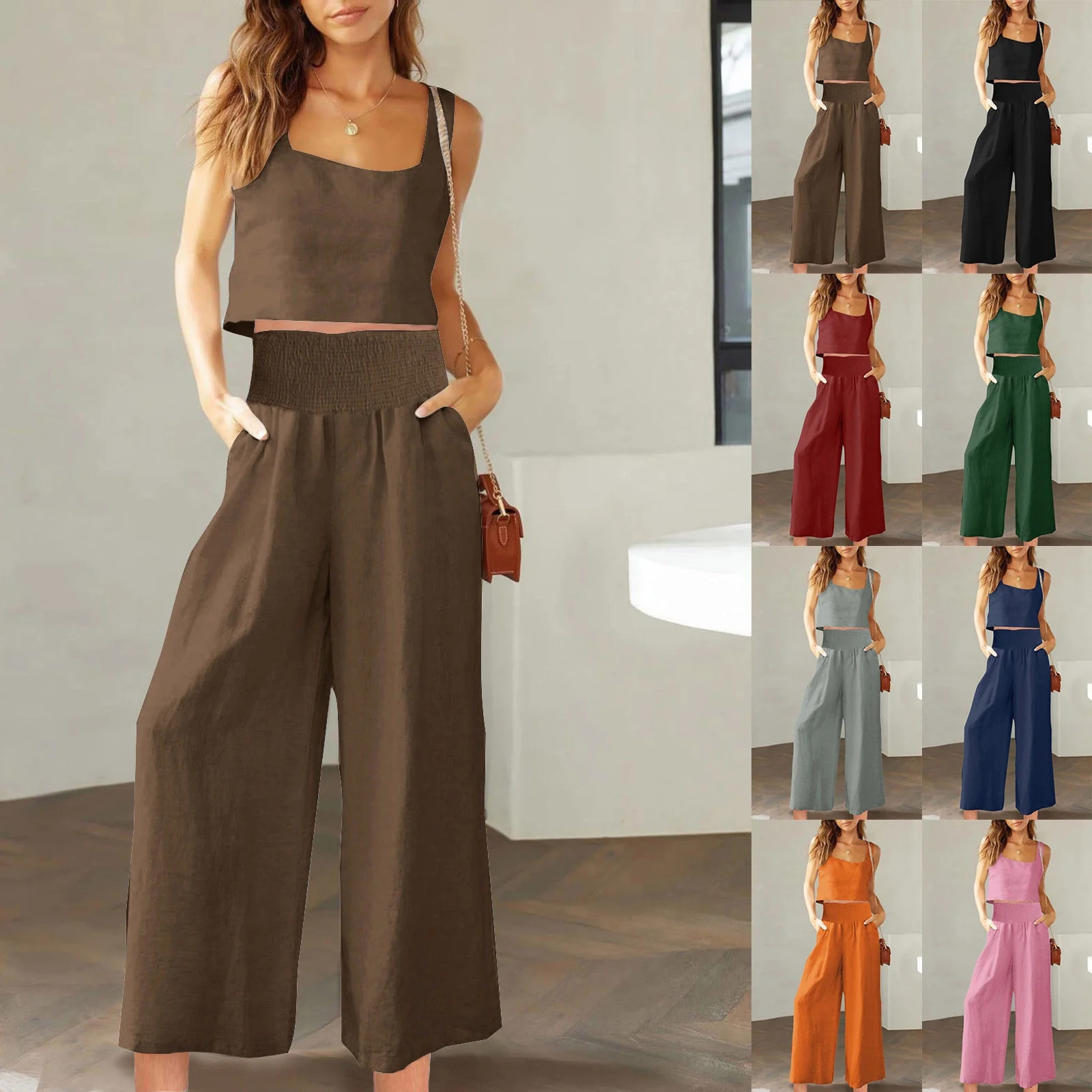 UVEASISHA Cotton Linen Set for Women Boho Summer Beach Outfits 2 Piece Sleeveless Cropped Tank To... | Walmart (US)