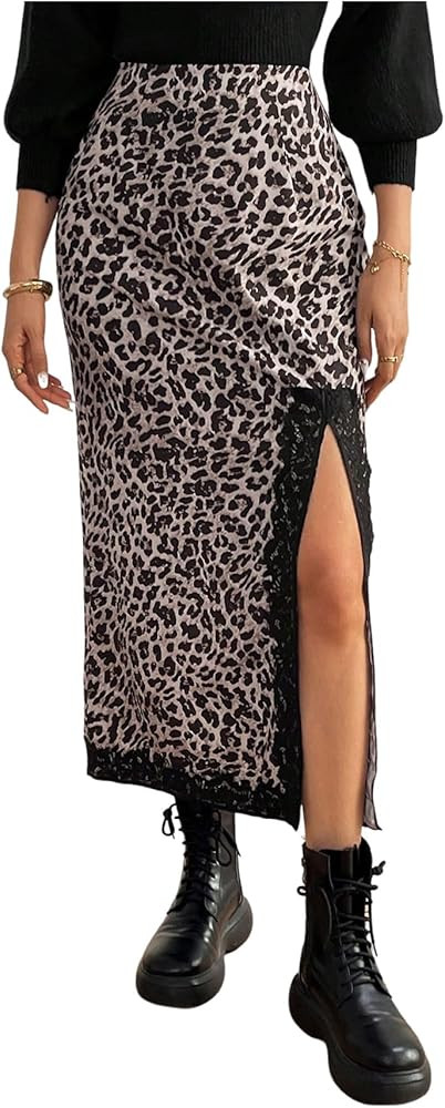 SweatyRocks Women's Leopard Print High Rise Midi Skirt Casual Lace Trim Thigh Slit Long Skirts Pa... | Amazon (US)