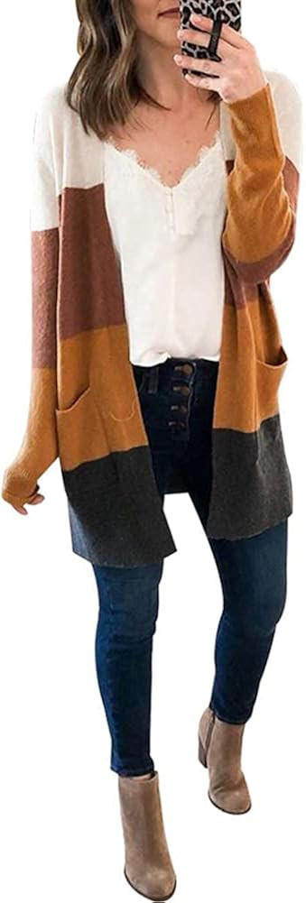 Womens Long Sleeve Casual Striped Cardigan Color Block Knit Open Front Sweater Coat | Amazon (US)