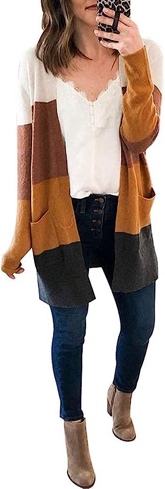 Womens Long Sleeve Casual Striped Cardigan Color Block Knit Open Front Sweater Coat | Amazon (US)