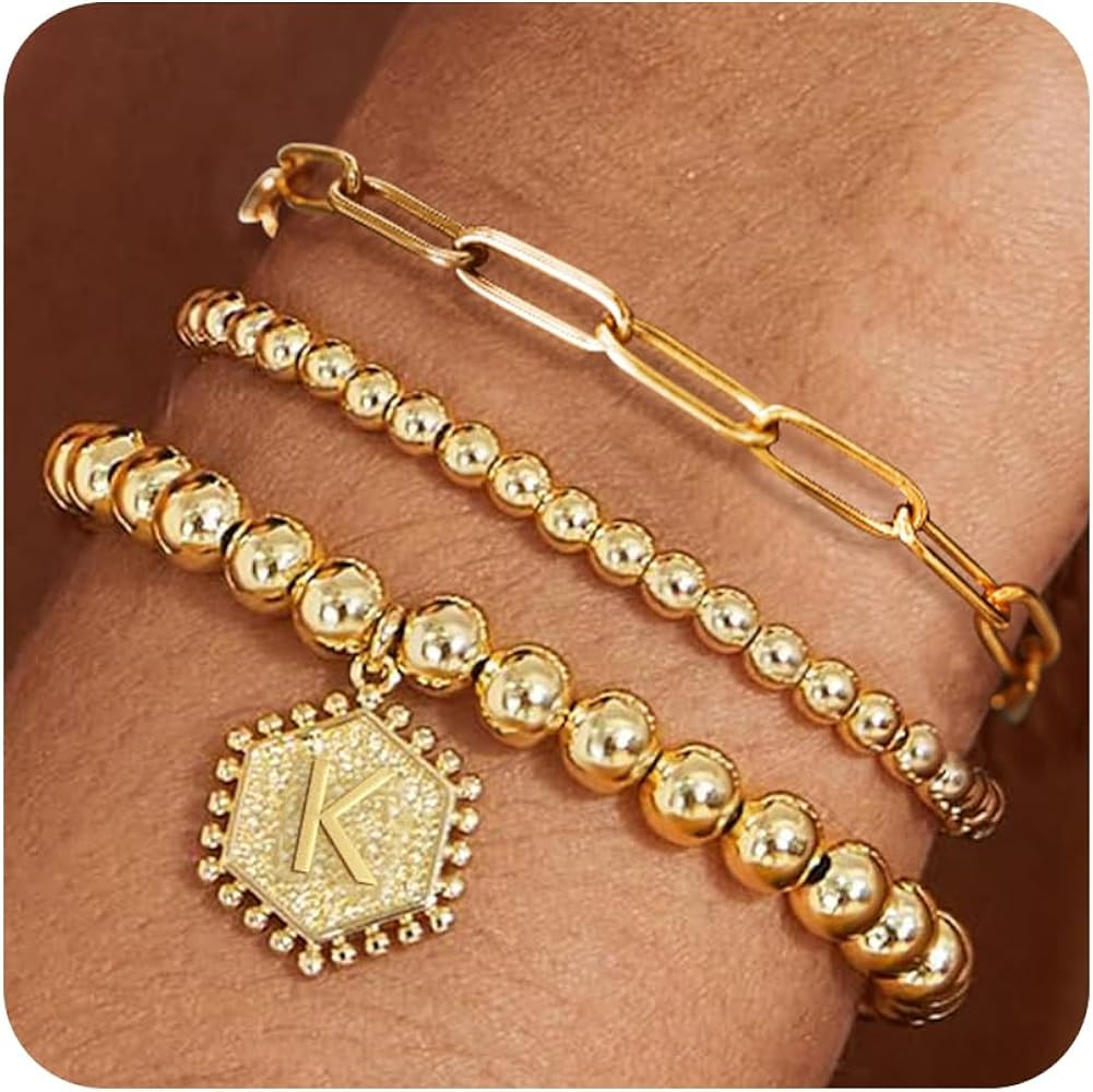 Gold Beads Bracelets for Women - 18K Gold Plated A-Z Letter Initial Bracelet Dainty Gold Hexagon ... | Amazon (US)