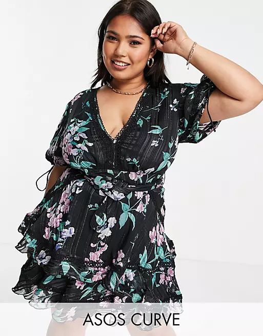 ASOS DESIGN Curve tiered mini dress with puff sleeve in burnout stripe in dark floral | ASOS (Global)