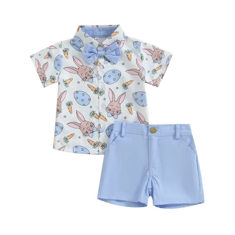 Wallarenear Baby Boys Easter Outfits Bunny Print Lapel Button Up Shirt Tops Elastic Shorts,Blue,1... | Walmart (US)