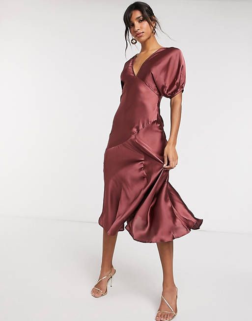 ASOS DESIGN puff sleeve satin tea dress in mocha | ASOS (Global)