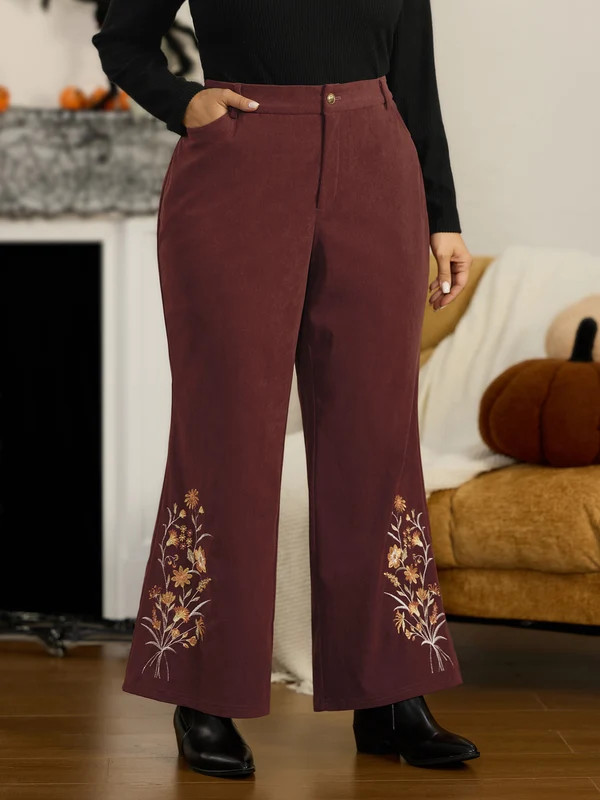 Stretch Floral Embroidery Hem Corduroy Pants | Bloomchic