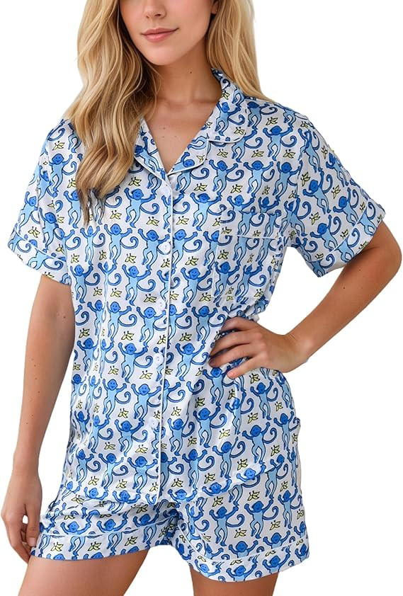 Women Y2k Pajamas Set Silk Satin Short Sleeve Button Down Top and Shorts Monkey Sleepwear Preppy ... | Amazon (US)