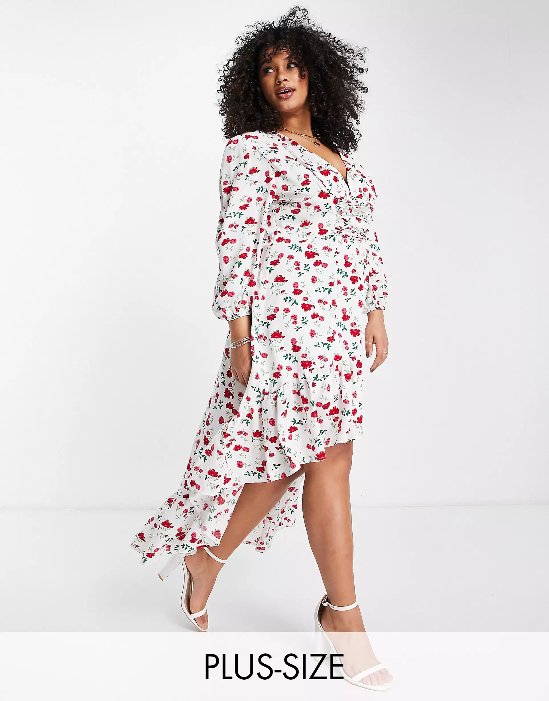Collective the Label Curve exclusive volume sleeve high low midaxi dress in white rose floral | ASOS (Global)