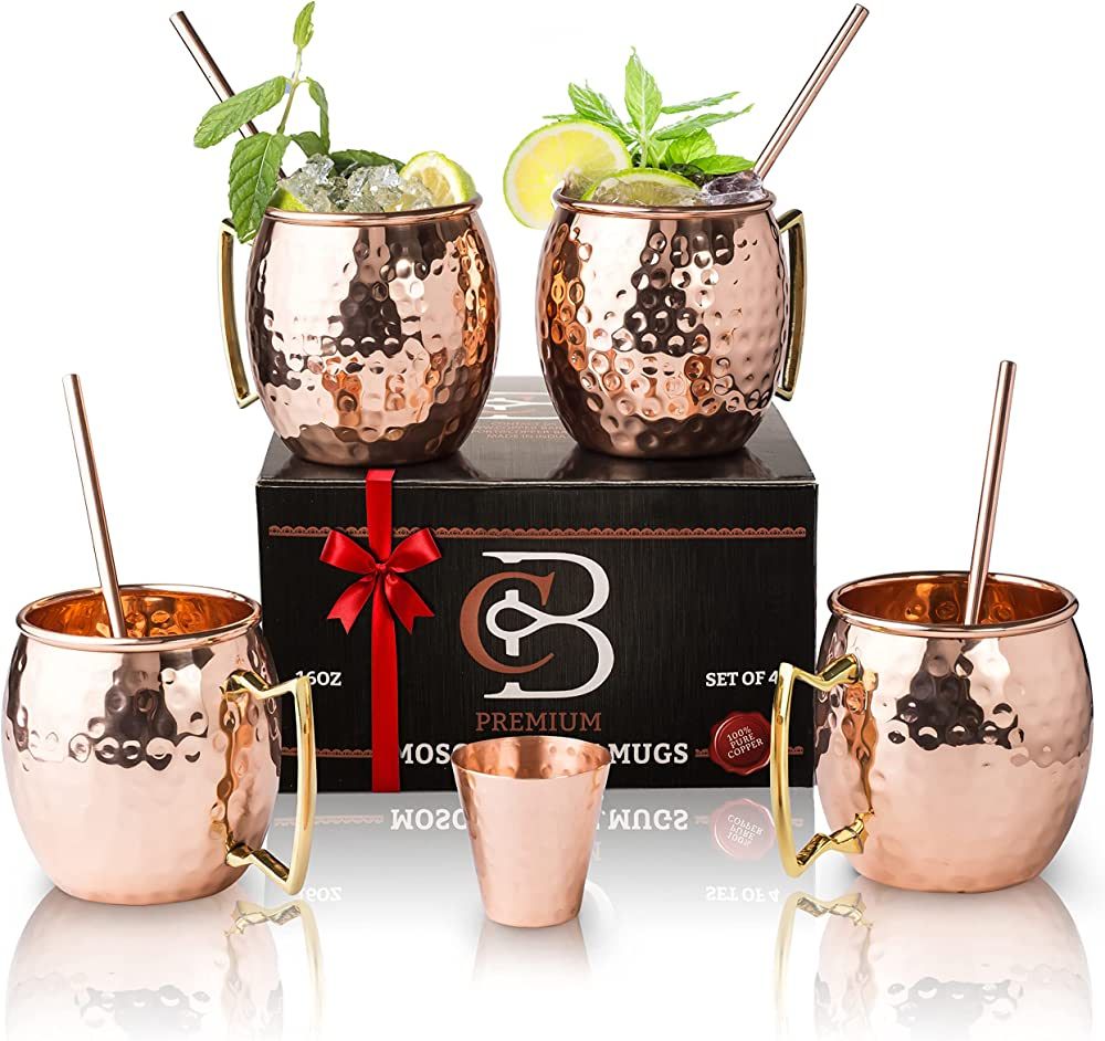 Copper-Bar Moscow Mule Copper Mugs - Set of 4 - 100% HANDCRAFTED Pure Solid Copper Mugs - 16 Oz G... | Amazon (US)