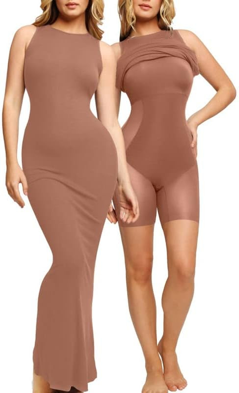 Popilush Crew Neck Shaper Dress Built-In Shapewear Bra 8 in 1 Sleeveless Maxi/Midi Bodycon Lounge... | Amazon (US)