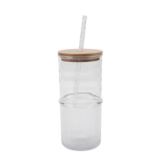 Better Homes and Gardens 22-Ounce Clear Ribbed Tritan Tumbler with Straw and Acacia Wood Lid | Walmart (US)