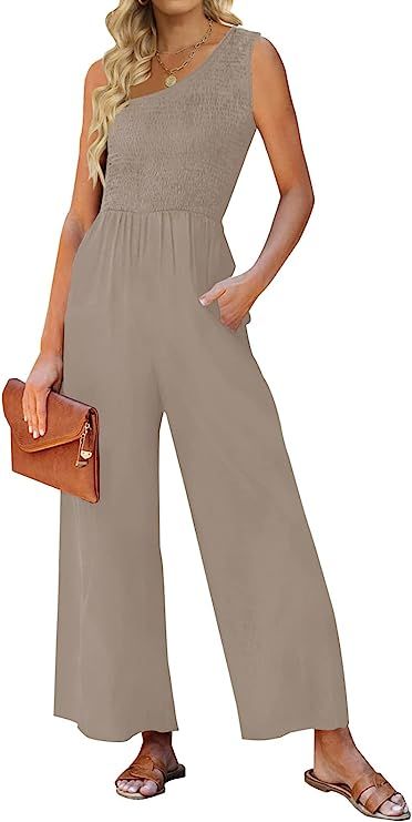 ZESICA Women's Summer Casual One Shoulder Sleeveless Smocked High Waist Loose Wide Leg Jumpsuit R... | Amazon (US)